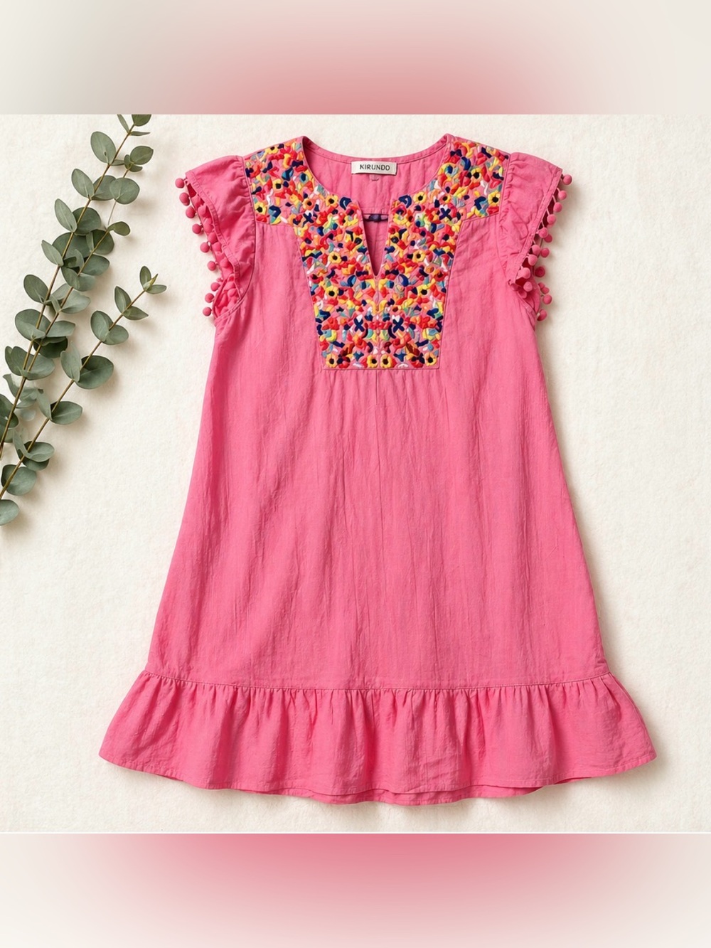 Kirundo Embroidered Pink Dress | Pom Trim Sleeves | Preppy Boho Chic